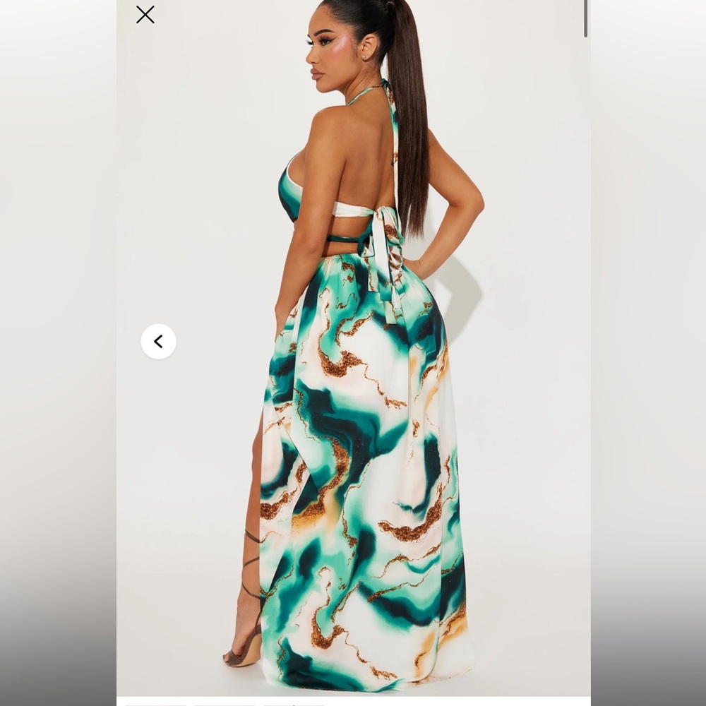 Green and Blue Maxi A-Line Skirt with Slit